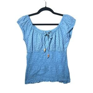 Antilla Femme Blue Smocked Waist Eyelet Peasant Top Size Medium Boho 100% Cotton
